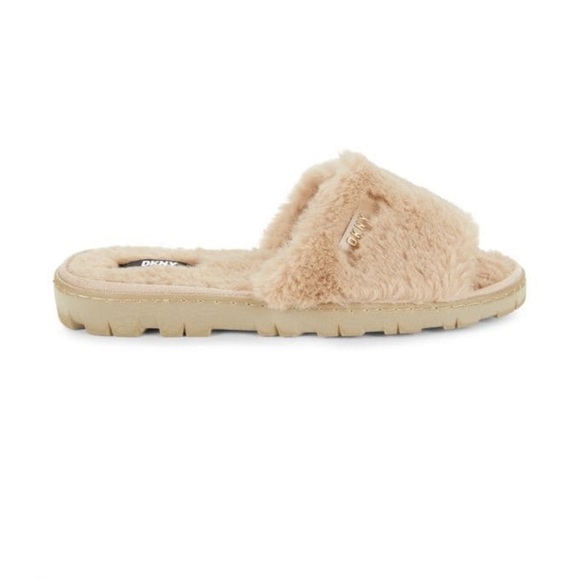 DKNY Tan Plush Slide Slippers New - Picture 1 of 8
